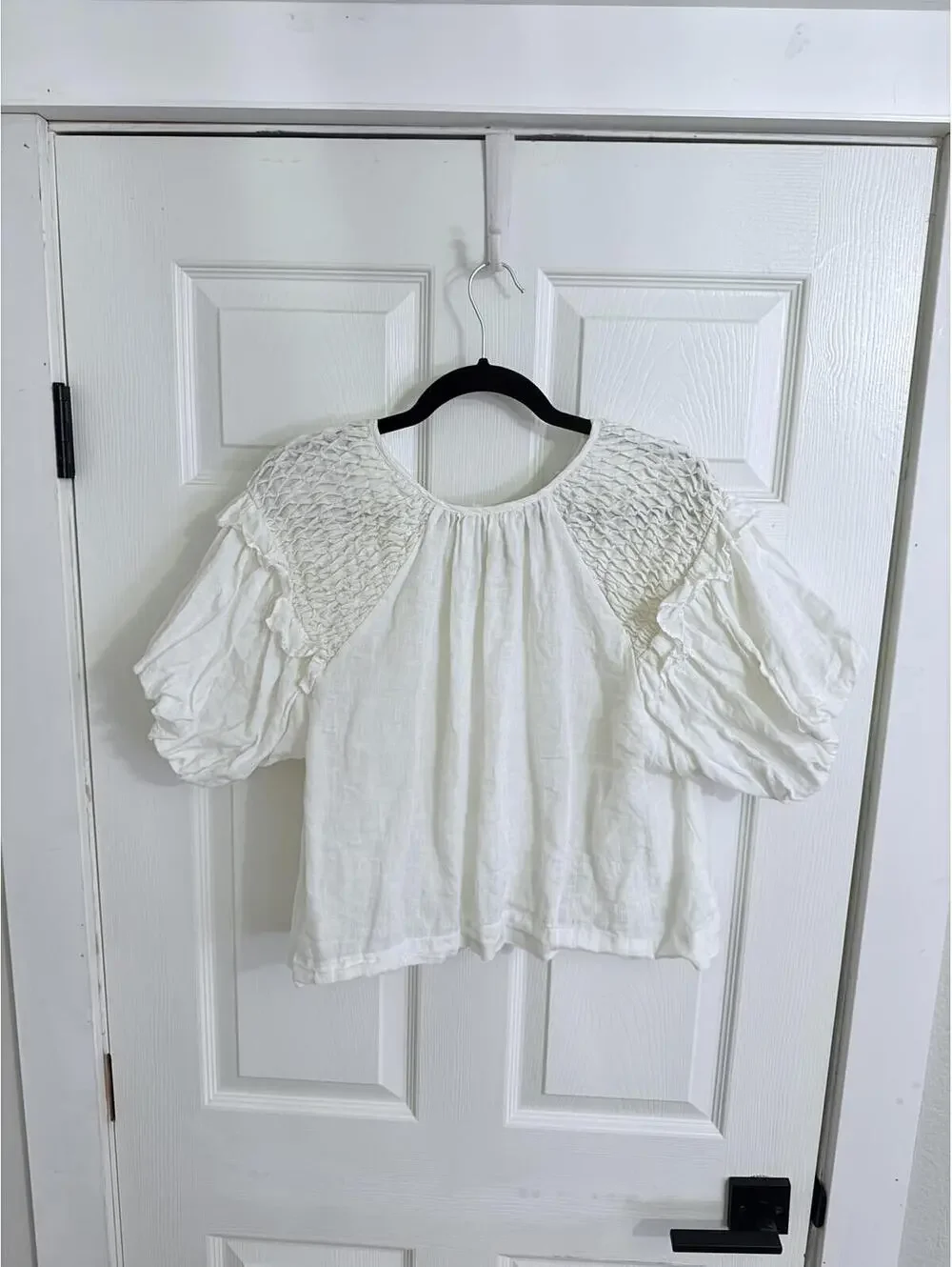 Anthropologie Self Contrast Smocked Linen Blouse-White-XL